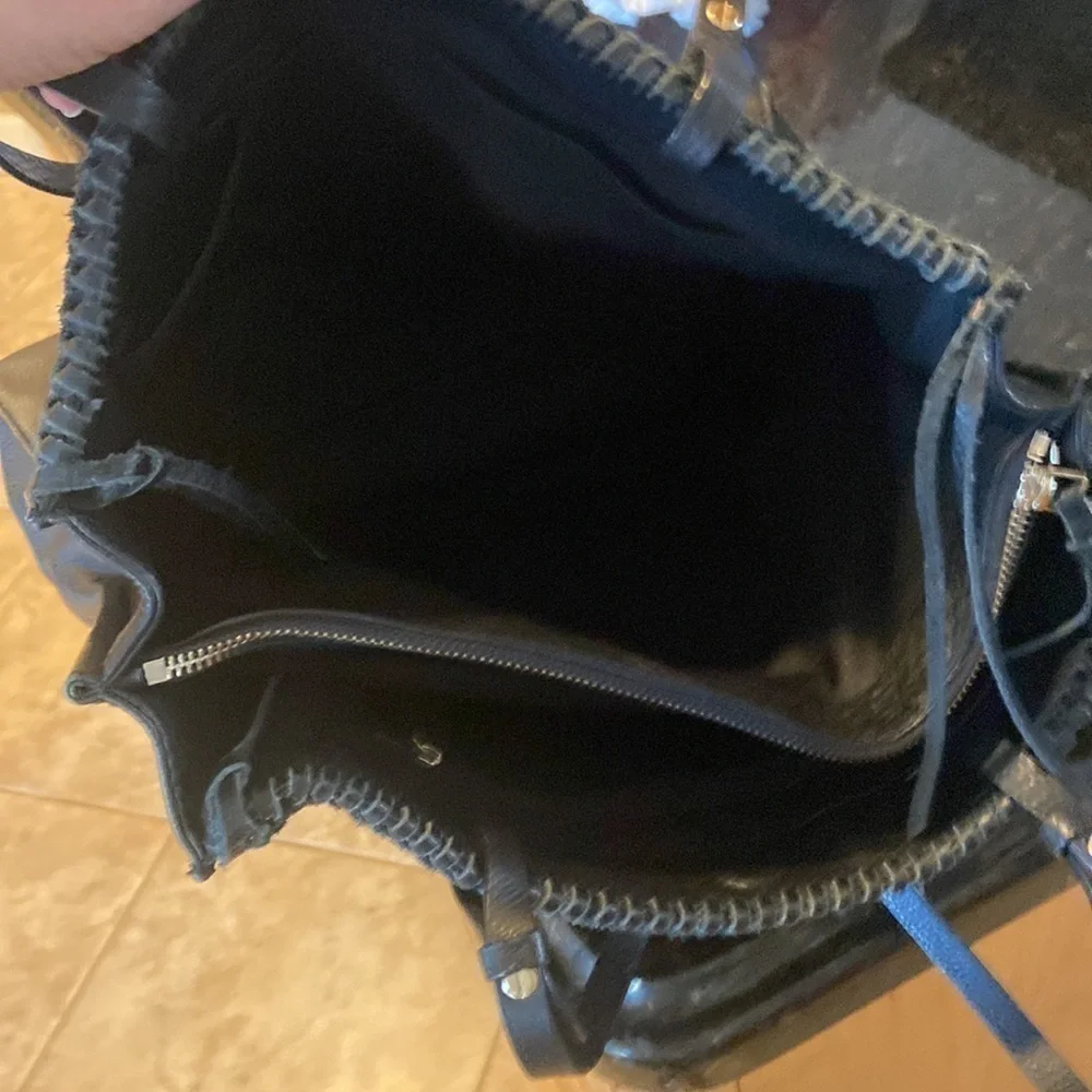 BLACK leather Vince Camino purse handbag woven design top and fringe accent